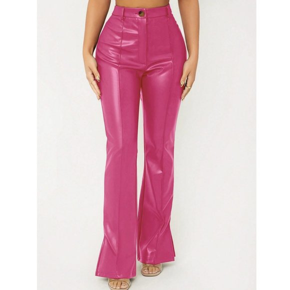 BarbieCore Split Hem PU Leather Flare Leg Pants Pink - Picture 3 of 5